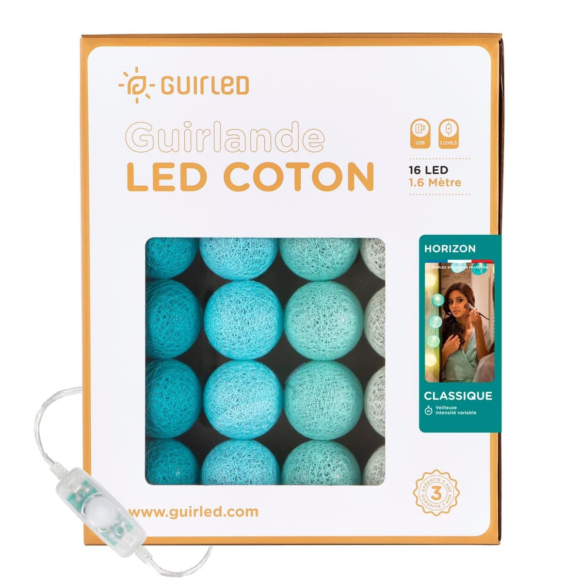 GuirLED - Guirnalda luminosa bolas de algodón LED USB- Luz de noche para bebé 2h - Adaptador de corriente dual USB 2A incluido - 3 intensidades - 16 bolas 1,6m - Byzantin — view 74