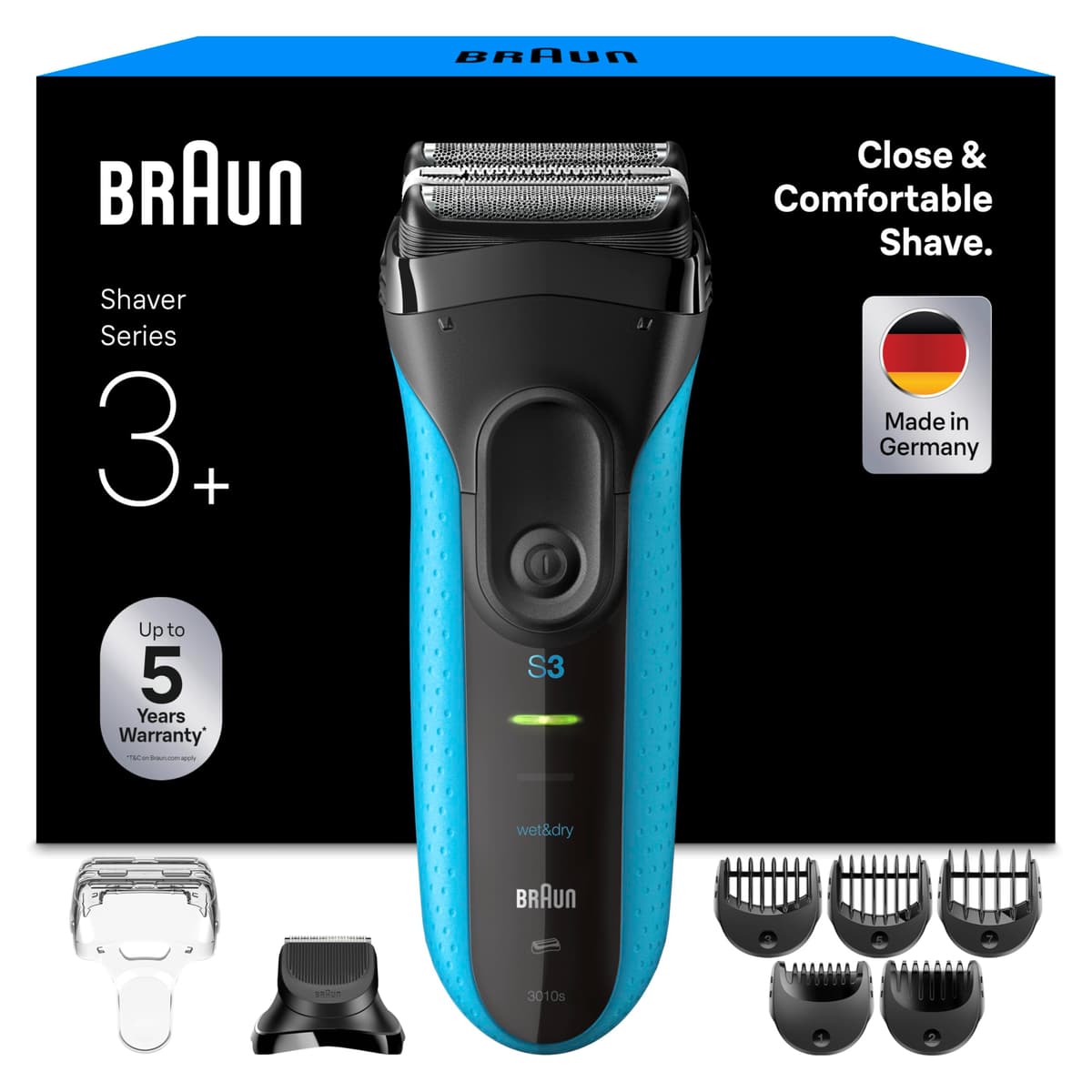 Braun Series 3+ Electric Shaver, 3 Flexible Blades, Wet & Dry Razor for Men with Beard Trimmer Attachment, +5 Combs, Efficiency MicroComb, Made in Germany, Includes Rechargeable Battery, 3010BT, Blue