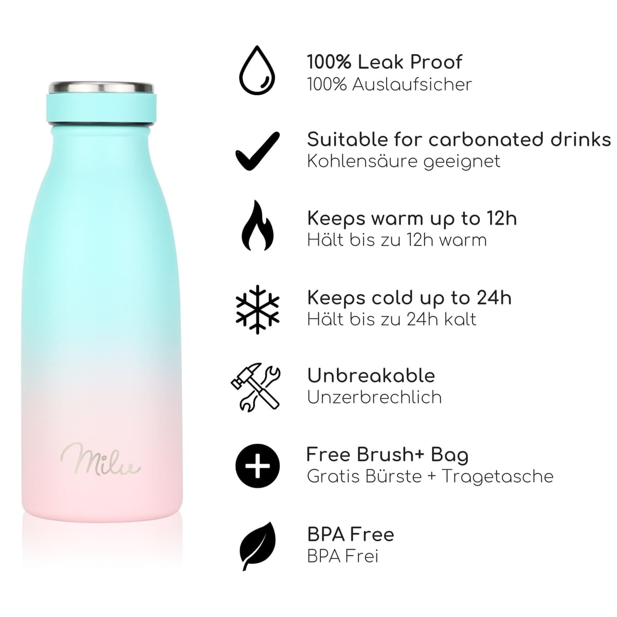 Milu Stainless Steel Drinking Bottle 350 ml - Insulated Thermo Flask for Water - Leak Proof, Insulated and Double Walled, Carbonated (Mint Pink, 350ml) — view 2