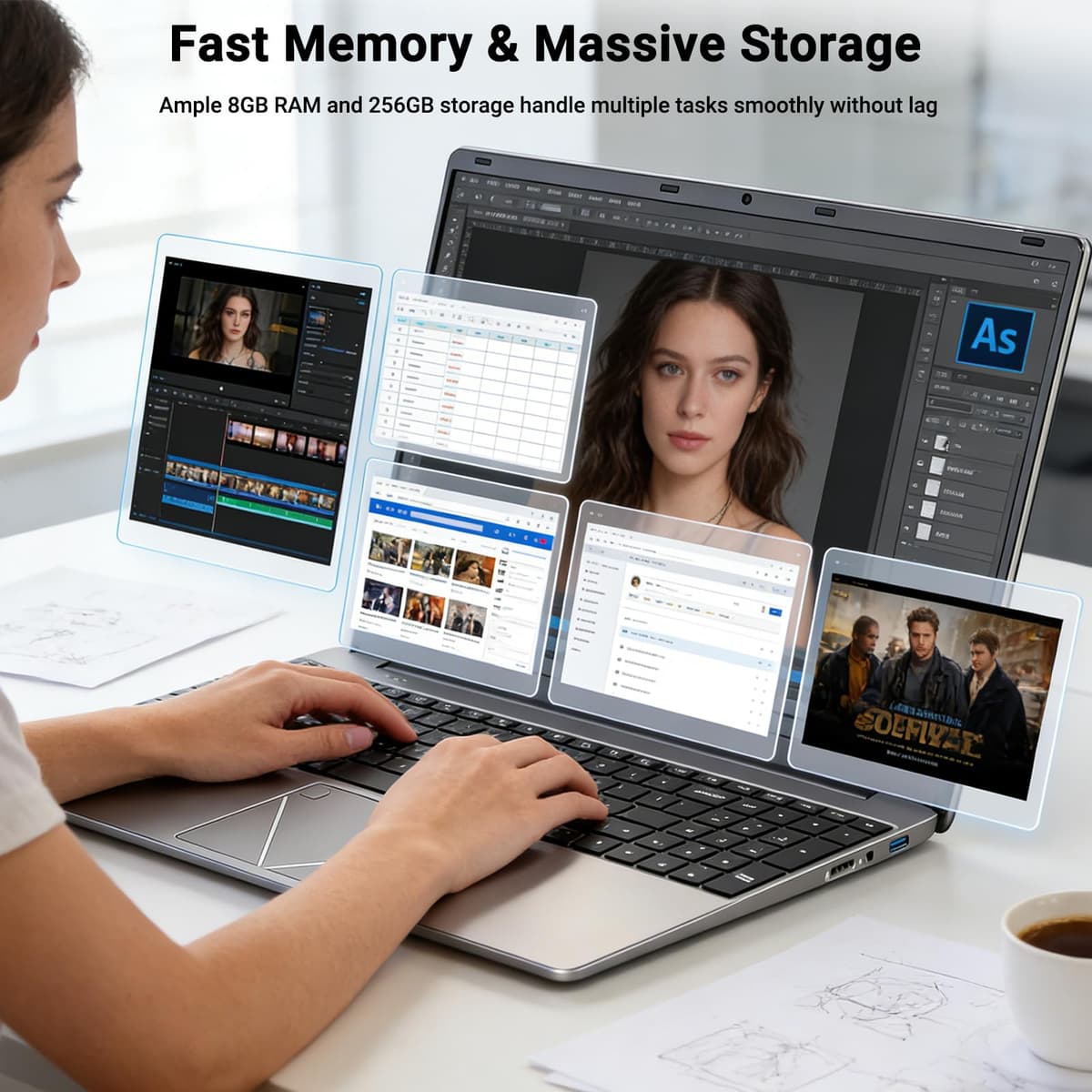 Laptop Core i3 de 15.6 pulgadas, computadora portátil de negocios Win 11, 8 GB de RAM, 256 GB SSD, USB 3.0 dual, teclado retroiluminado y huellas dactilares — view 4