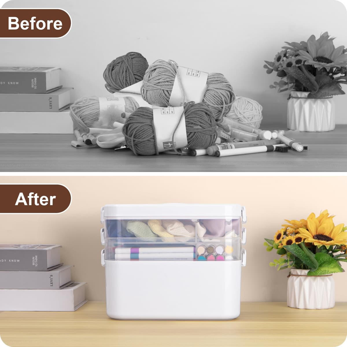 Creahaus 3 Layers Multipurpose Storage Box Organiser with Removable Trays, Stackable Art Craft Storage Box Case with Handle, Portable Medicine Box Storage Containers for Sewing, Arts, Crafts — view 6