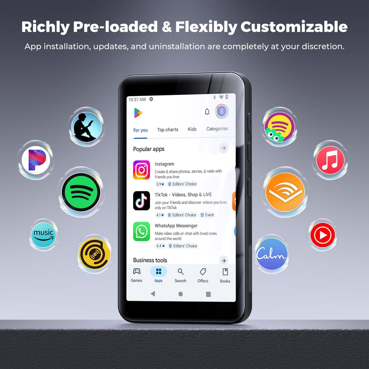 MP3 Players with Bluetooth WIFI,160GB innioasis MP3 Players with Spotify, Spotify Kids, Pandora, Play Store, Parental Manager App, Calm, 4" HD Full Touch Screen MP4 Music Player for Kids (Black) — view 2