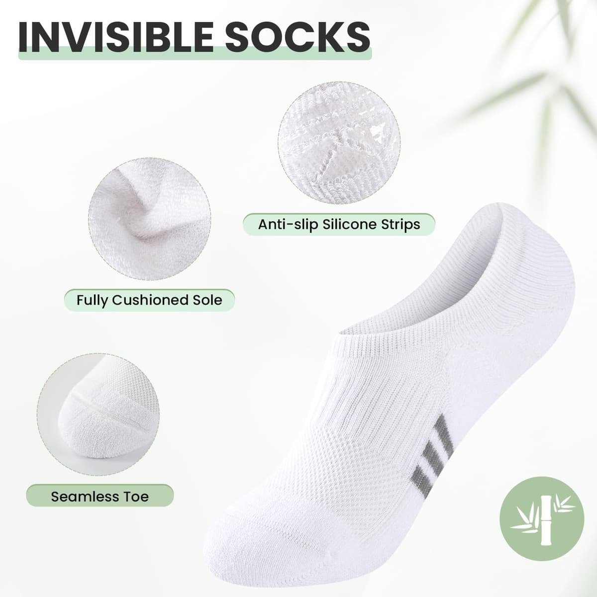 Calcetines Invisibles de Bambú para Mujer, Calcetine Deportivos de Caña Baja y Acolchados, Calcetines Tobilleros Antideslizantes y Absorbentes del Sudor, Tallas 35-38 y 39-42 — view 3