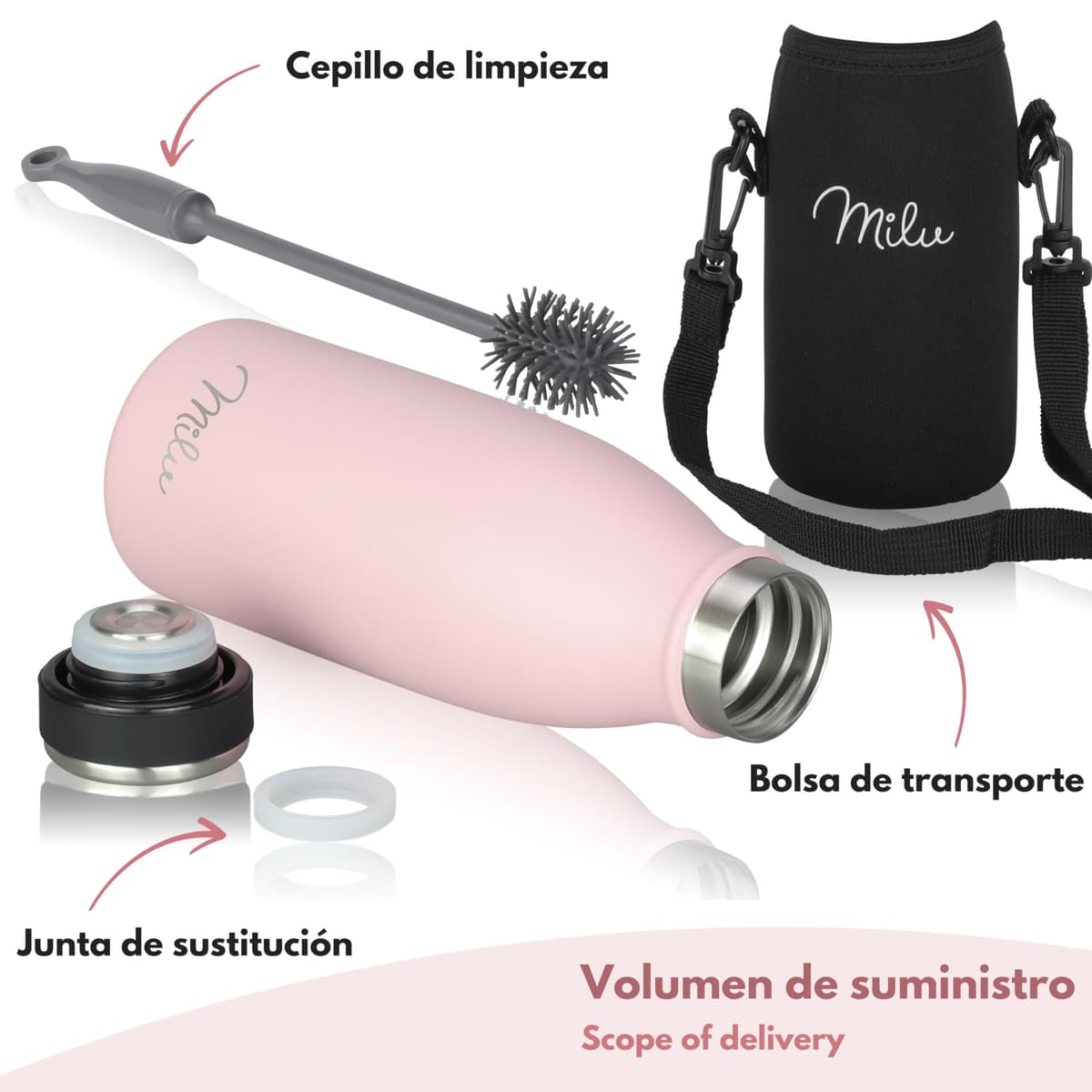 Milu Botella de acero inoxidable de 350ml 500ml 750 ml 1 L 1,5 L botella de agua aislada, termo a prueba de fugas, doble pared, apta para ácido carbónico + cepillo de limpieza (Azul Violeta, 350ml) — view 192