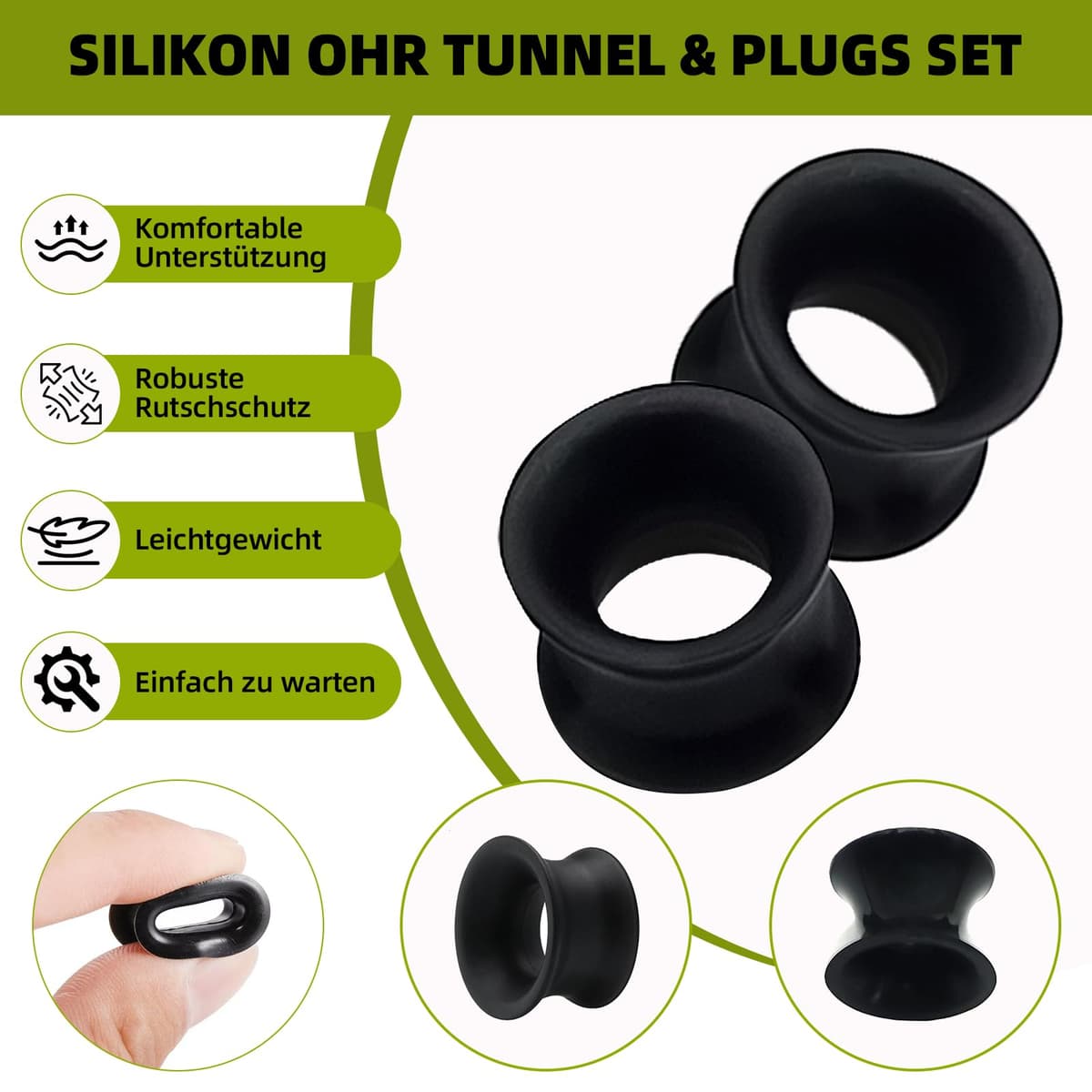 KLINNA Juego de 4 pares de dilatadores de oreja de silicona, color negro, doble acampanado, 8 mm, 10 mm, 12 mm, juego de dilatación extra suave y ligero, cómodo juego de dilatación — view 4