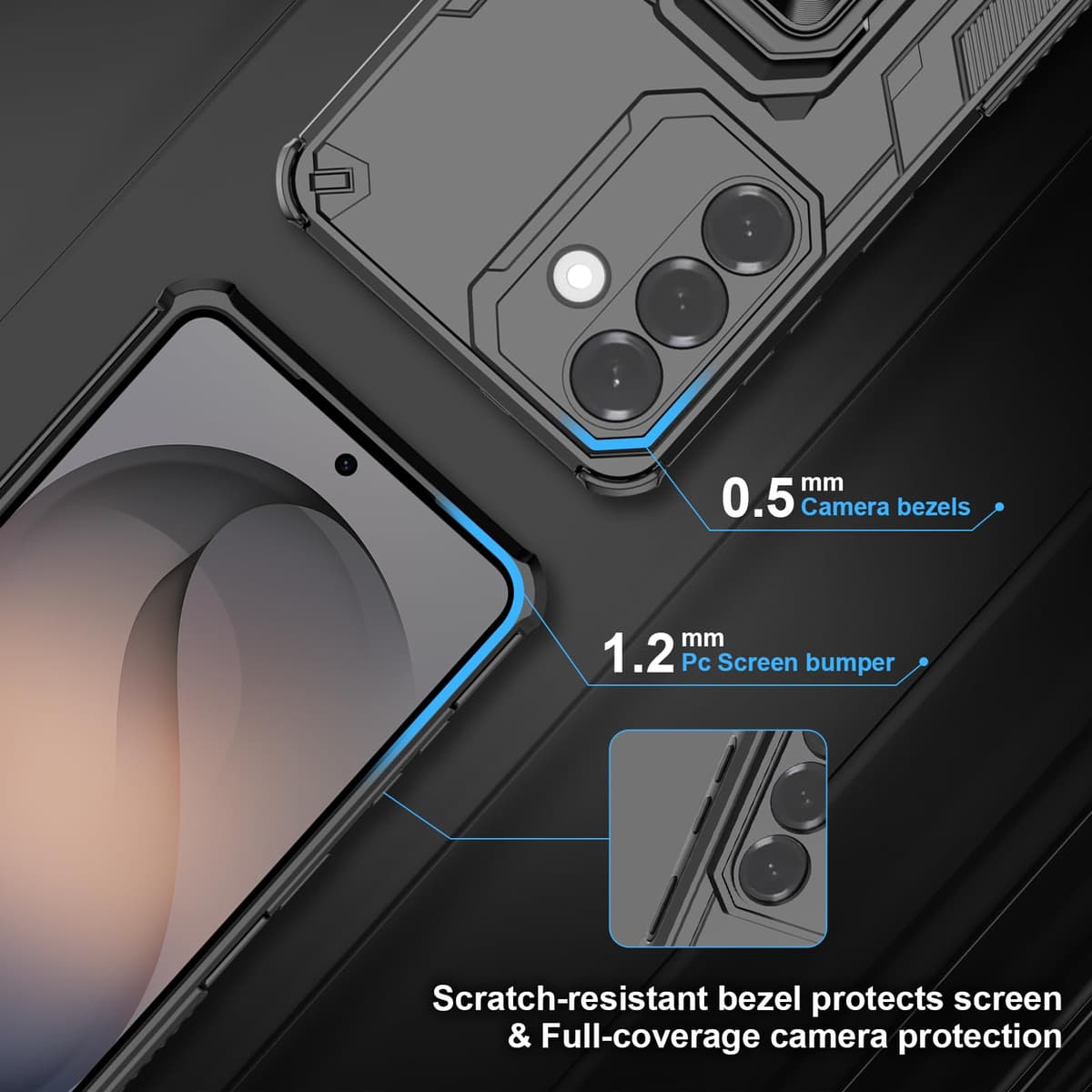 Funda para CMF Phone 2 Pro, Carcasa Antigolpes con Soporte anular metálico, Case Protectora de Grado Militar, Negro — view 1200