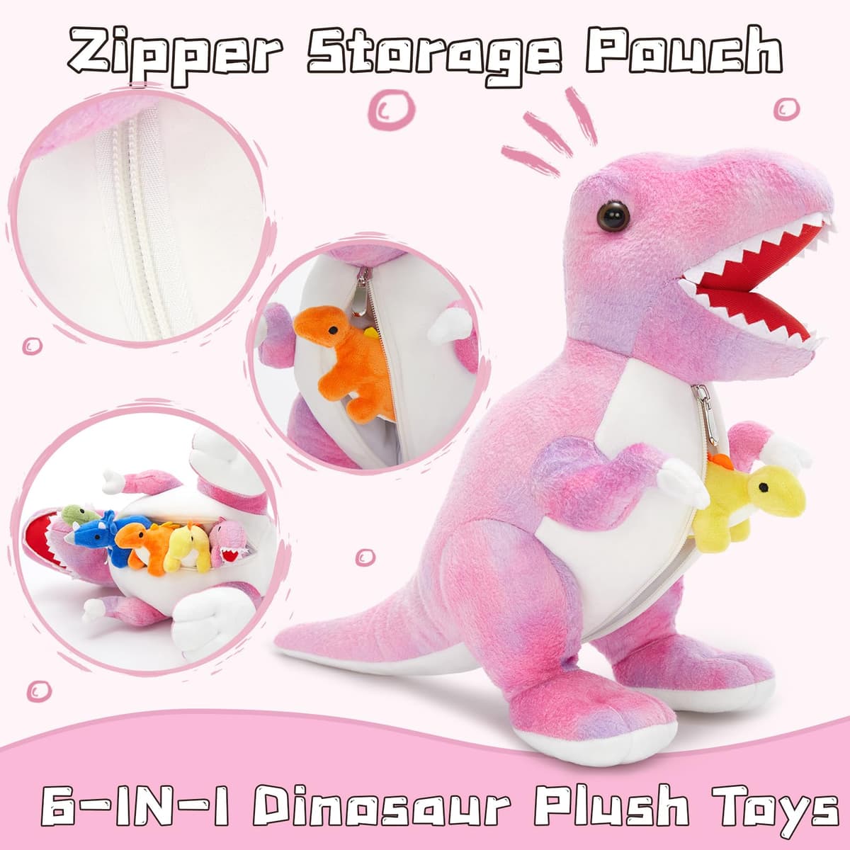 MorisMos Big Dinosaur Teddy Stuffed Animal, 50cm Pink Cuddly Fluffy Mom with 5 Babies Inside, Large T-Rex Soft Toys Kawaii Dino Present for Kids Birthday Christmas Deco — view 4