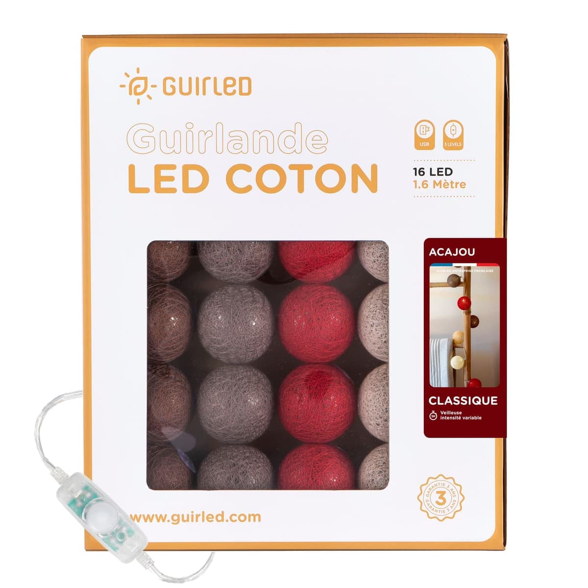 GuirLED - Guirnalda luminosa bolas de algodón LED USB- Luz de noche para bebé 2h - Adaptador de corriente dual USB 2A incluido - 3 intensidades - 16 bolas 1,6m - Byzantin — view 10