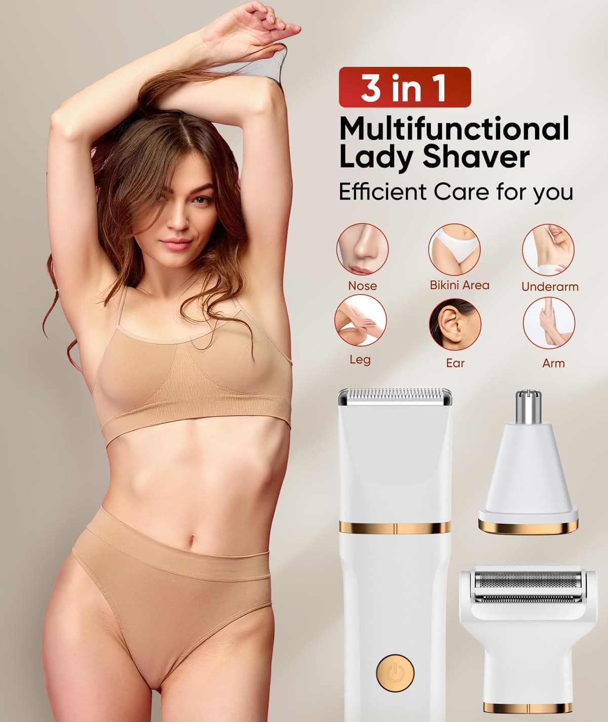 Lady Shavers for Women 3-in-1,Bikini Trimmer Woman IPX7 Waterproof,Nose Trimmer Rechargeable,Pubic Hair Trimmer for Women Wet and Dry,Painless Electric Foil Shaver for Body,Arms Legs Underarms, White — view 3