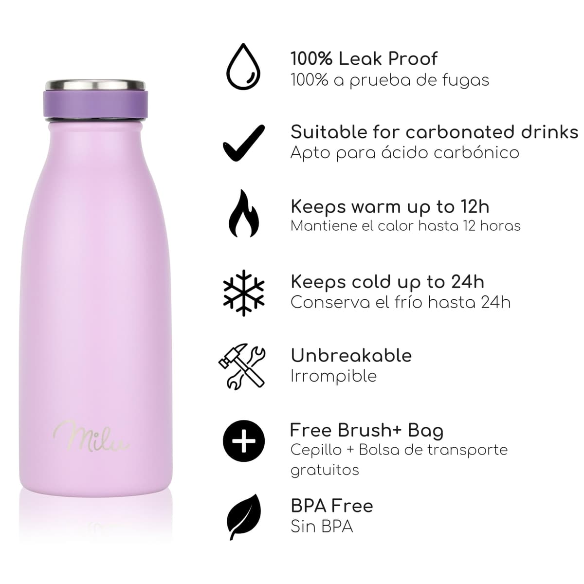 Milu Botella de acero inoxidable de 350ml 500ml 750 ml 1 L 1,5 L botella de agua aislada, termo a prueba de fugas, doble pared, apta para ácido carbónico + cepillo de limpieza (Azul Violeta, 350ml) — view 143