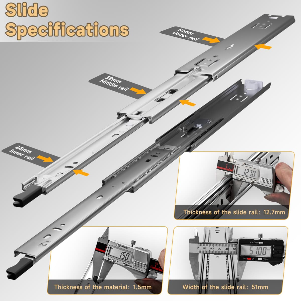 AOLISHENG Guias Correderas Para Cajones Con Freno 650mm Rieles Para Cajones Extensión Completa 50 KG Capacidad Carga Guías Laterales Para Cajones Con Rodamiento de Bolas 1 par (2 piezas) — view 3