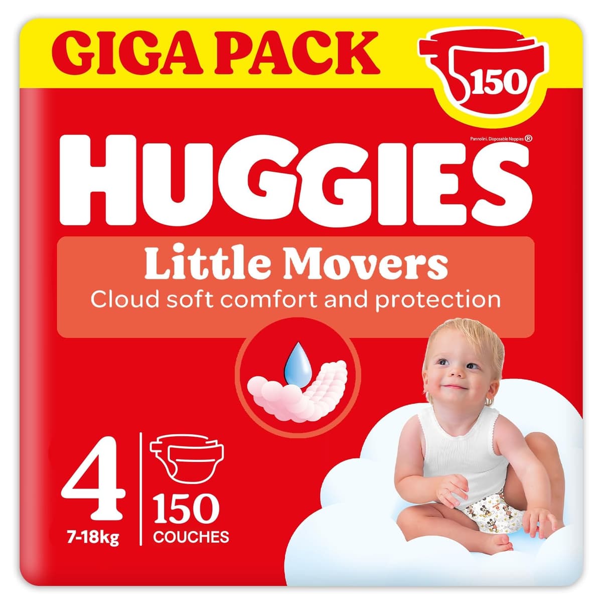 Huggies Little Movers Pañales para Bebé con Diseños Disney Talla 4 (7-18 kg), Comodidad para la Piel 24/7, 3 Packs de 50, Total 150 Pañales