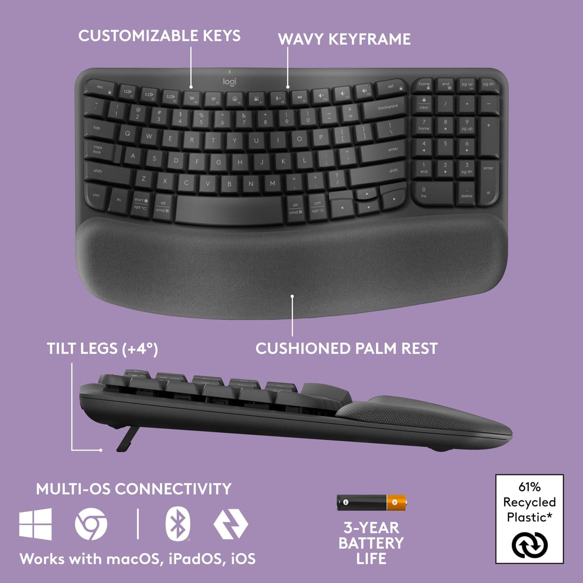 Logitech Wave Keys Wireless Ergonomic Keyboard with Cushioned Palm Rest, Comfortable Natural Typing, Easy-Switch, Bluetooth, Logi Bolt Receiver, for Multi-OS, Windows/Mac, UK English QWERTY - Graphite — view 6