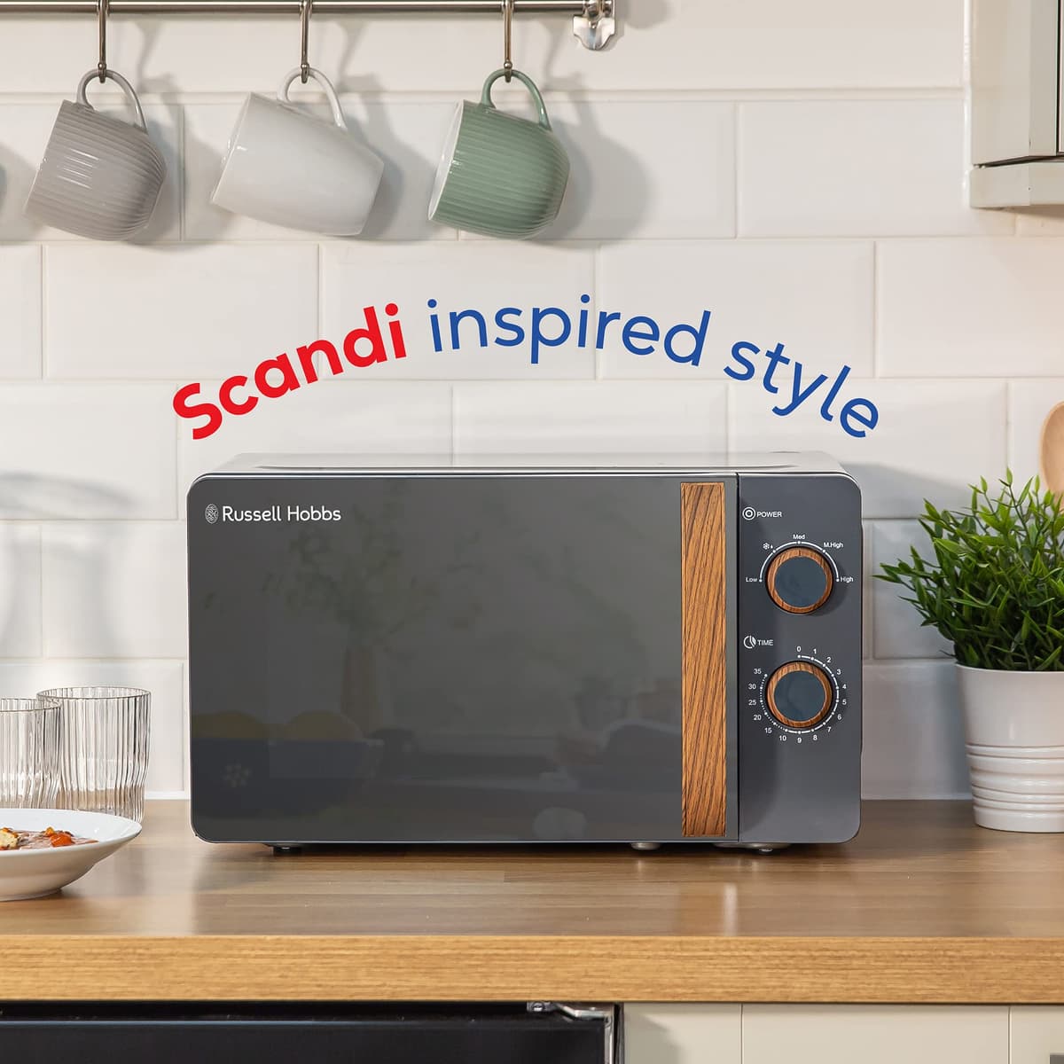 Russell Hobbs RHMM713G 17 L 700 W Scandi Compact Grey Manual Microwave with 5 Power Levels, Wood Effect Handle & Dials, Timer, Defrost Setting, Easy Clean — view 3
