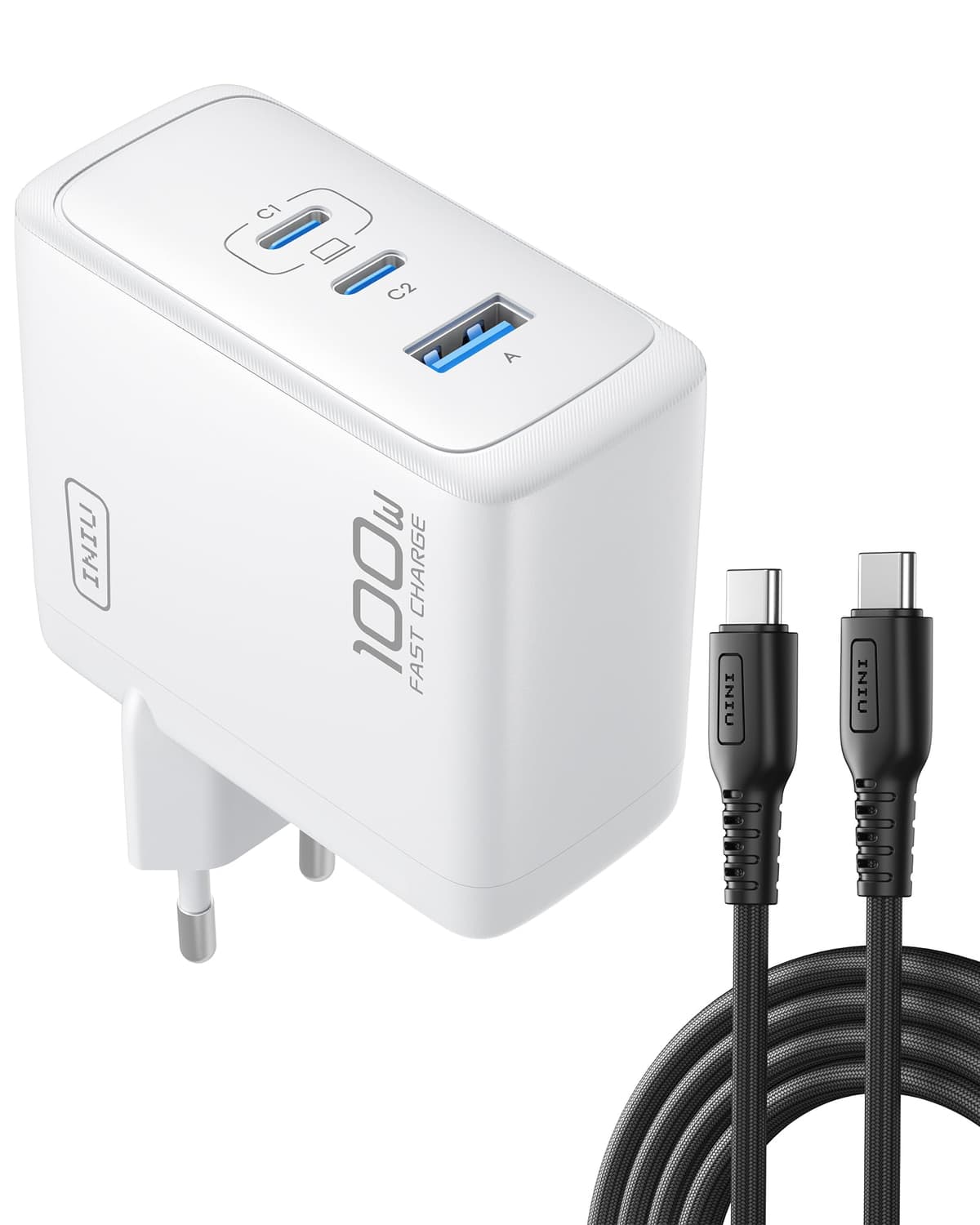 INIU Cargador USB C de 100 W, GAN de 3 Puertos, Cargador rápido con Cable USB C, Fuente de alimentación múltiple PD 3.0 para MacBook Pro Air, iPhone 16 15 14 Pro MAX Plus, Galaxy S25 S24 Ultra, Blanco
