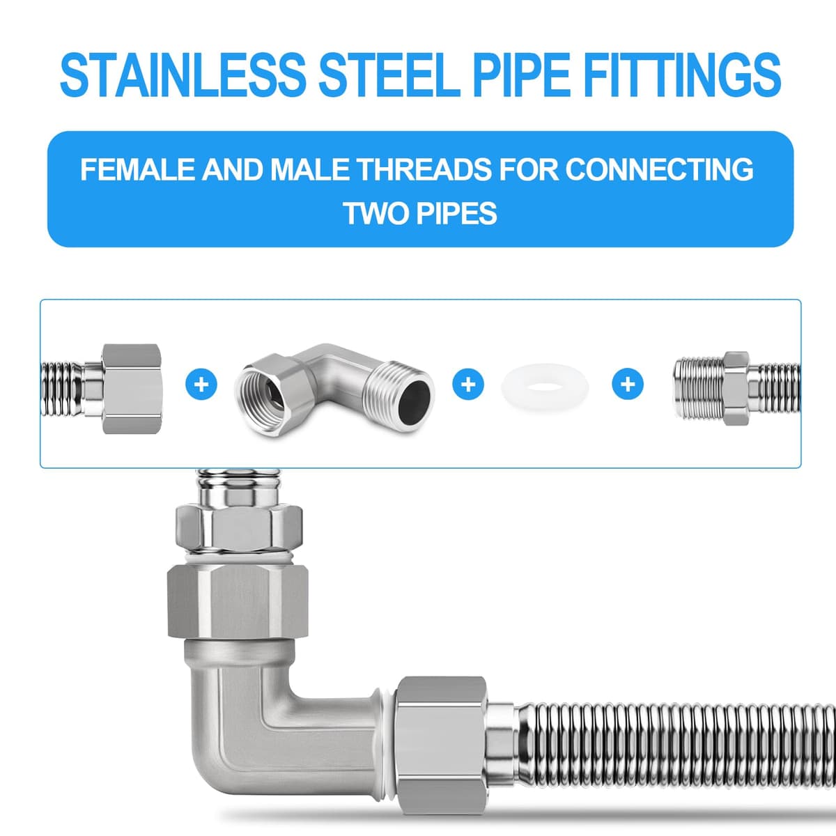 1 pieza de acero inoxidable 304, codo de 90 grados, 2 extremos, conector flexible móvil, 1/2" hembra y macho para pulverizador, válvula angular, brazo de ducha — view 5