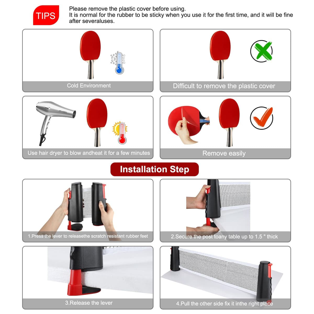 TOSUTO Sets de Ping Pong,2 Raquetas de Ping Pong,6 Pelotas,Red Retráctil y Bolsa de Transporte,Set de Ping Pongs Portátil para Principiantes y Expertos,Ideal para Juegos en Interiores y Exteriores — view 5