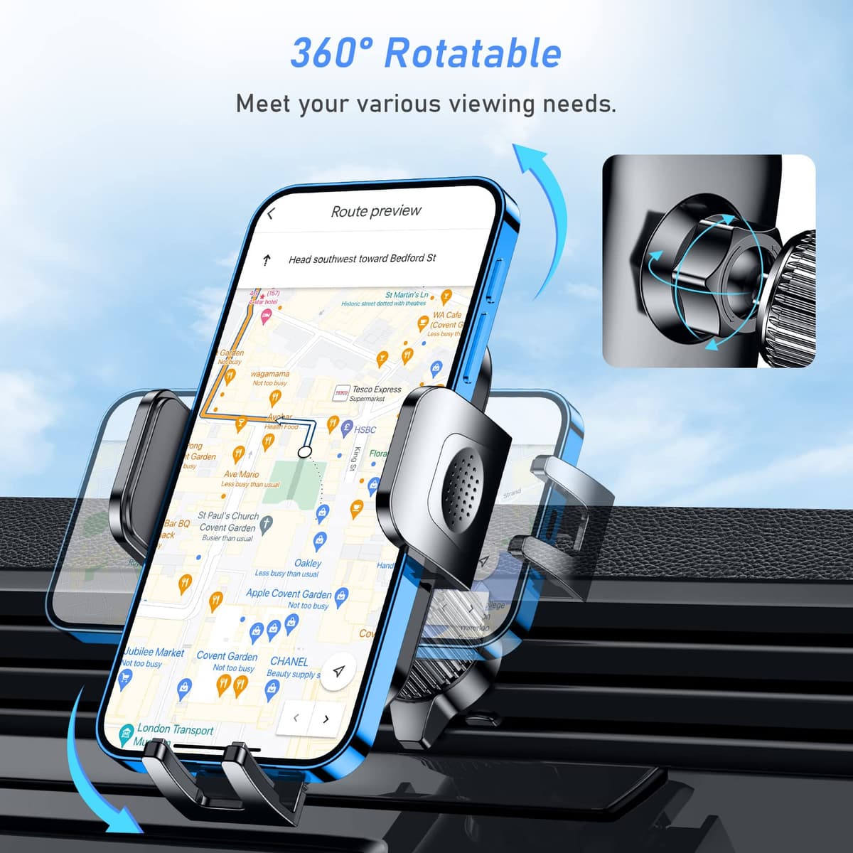 Blukar Car Phone Holder, Air Vent Car Phone Mount Cradle 360° Rotation - Upgraded Super Stable Hook Clip - One Button Release Holder for iPhone, Galaxy, All 4.0''-6.7'' Smartphones — view 4