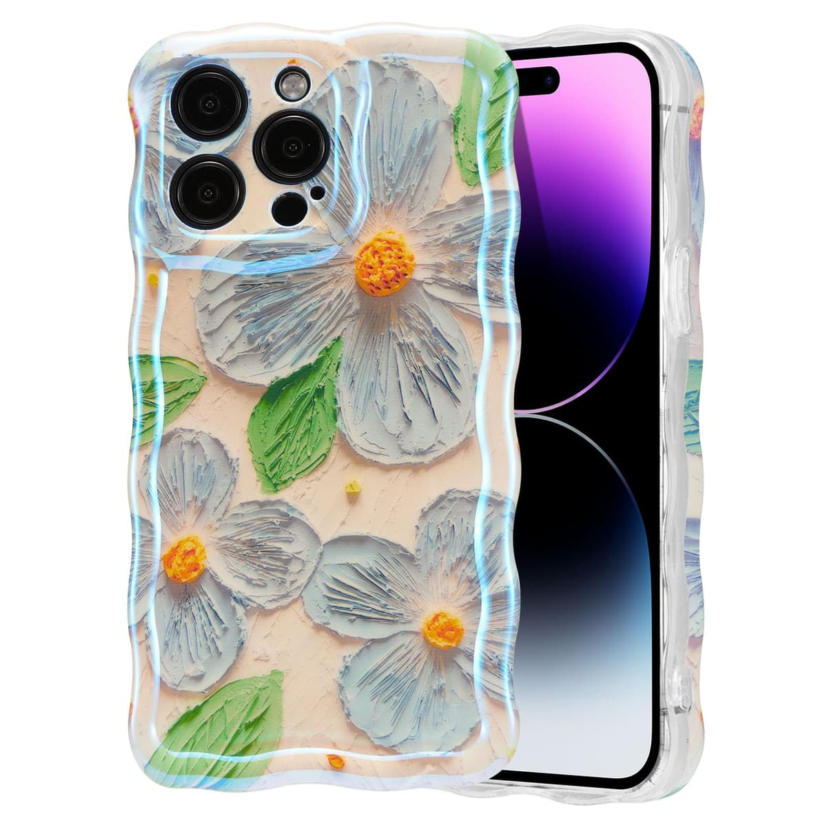 EYZUTAK Case for iPhone 16, Colorful Retro Oil Painting Printed Flower Laser Glossy Pattern Cute Curly Wave Edge Exquisite Phone Cover Stylish Durable TPU Protective Case for Girl Women-Green — view 25
