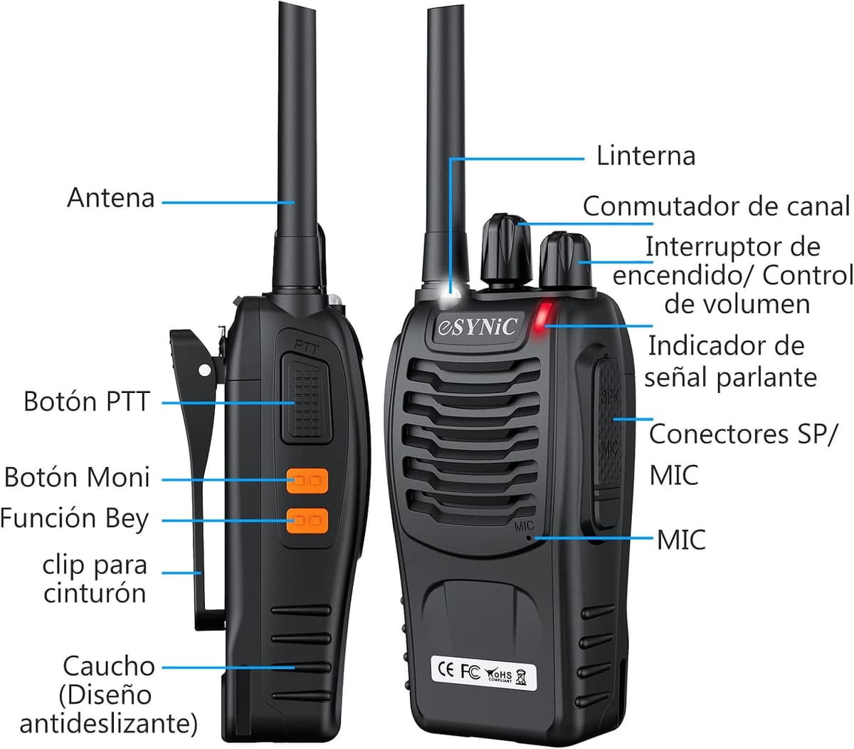 eSynic 2PCS Walkie Talkies de Larga Distancia con Auriculares Walkie-Talkie Profesional 16 Canales 1500mAh con Cargador USB Soporta VOX para Sobrevivir en el Campo Ciclisimo