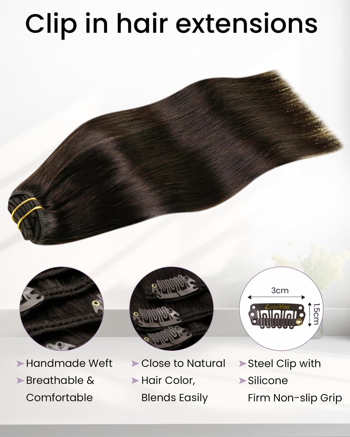 LaaVoo Clip in Hair Extensions Real Human Hair Dark Brown Hair Extensions Clip in Straight Remy Darkest Brown Hair Full Head Double Weft 80g 5pcs 12 Inch #2 — view 3