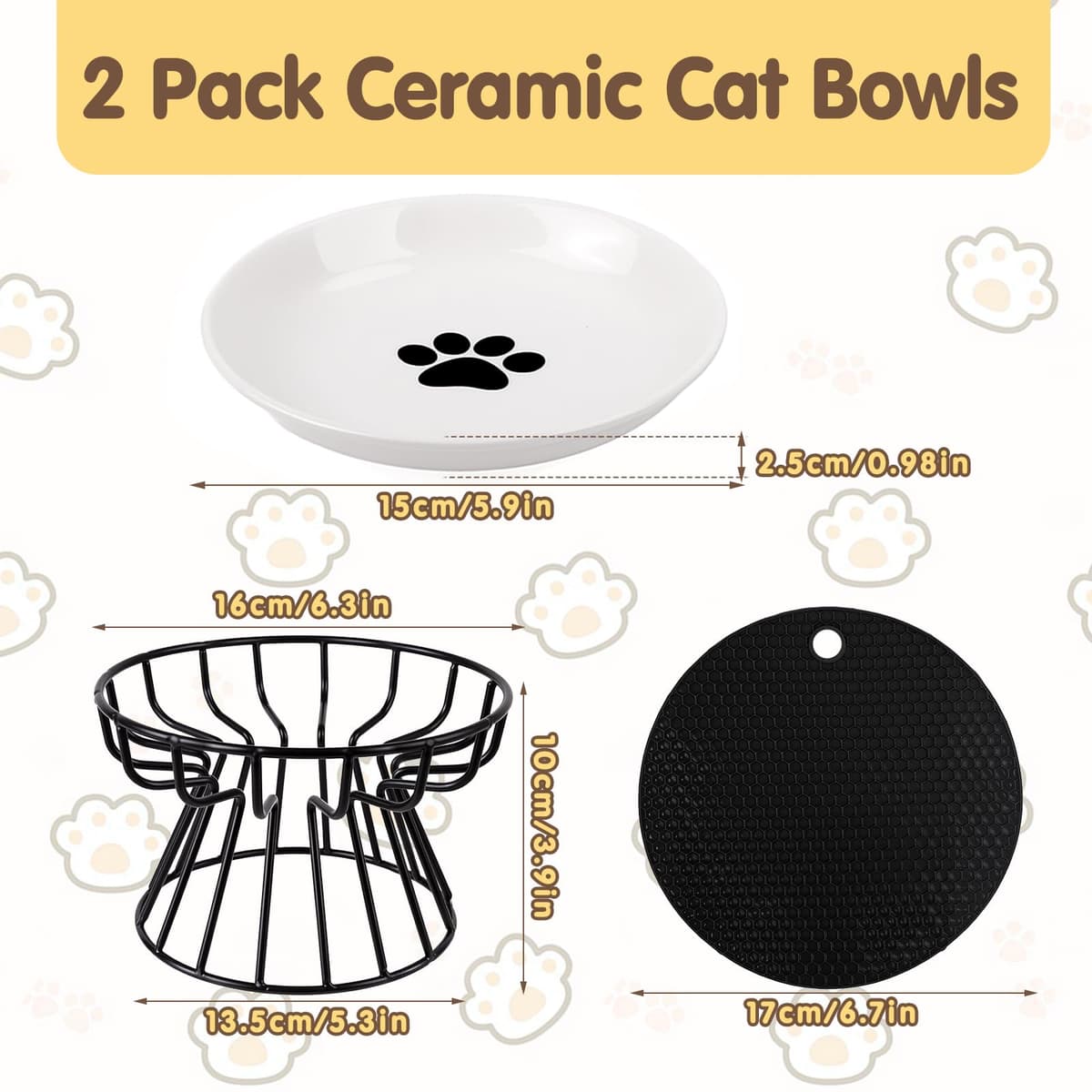 2 Piezas Comedero Gato Elevado Cuenco Cerámica Gato Elevado 10 cm con Soporte y Antideslizante Alfombrilla, Platos para Gatos Elevados para Agua y Comida — view 2