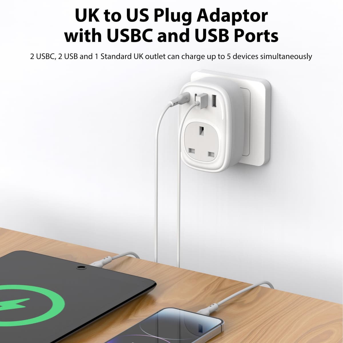 UK to US Plug Adaptor - UK to US Plug Adapter 40W USA Travel Adapter for American Canada Thailand Mexico Colombia 4 in 1 USBC Fast Charger with USB C Port for Phone Pad (Type B) Tusreda — view 3