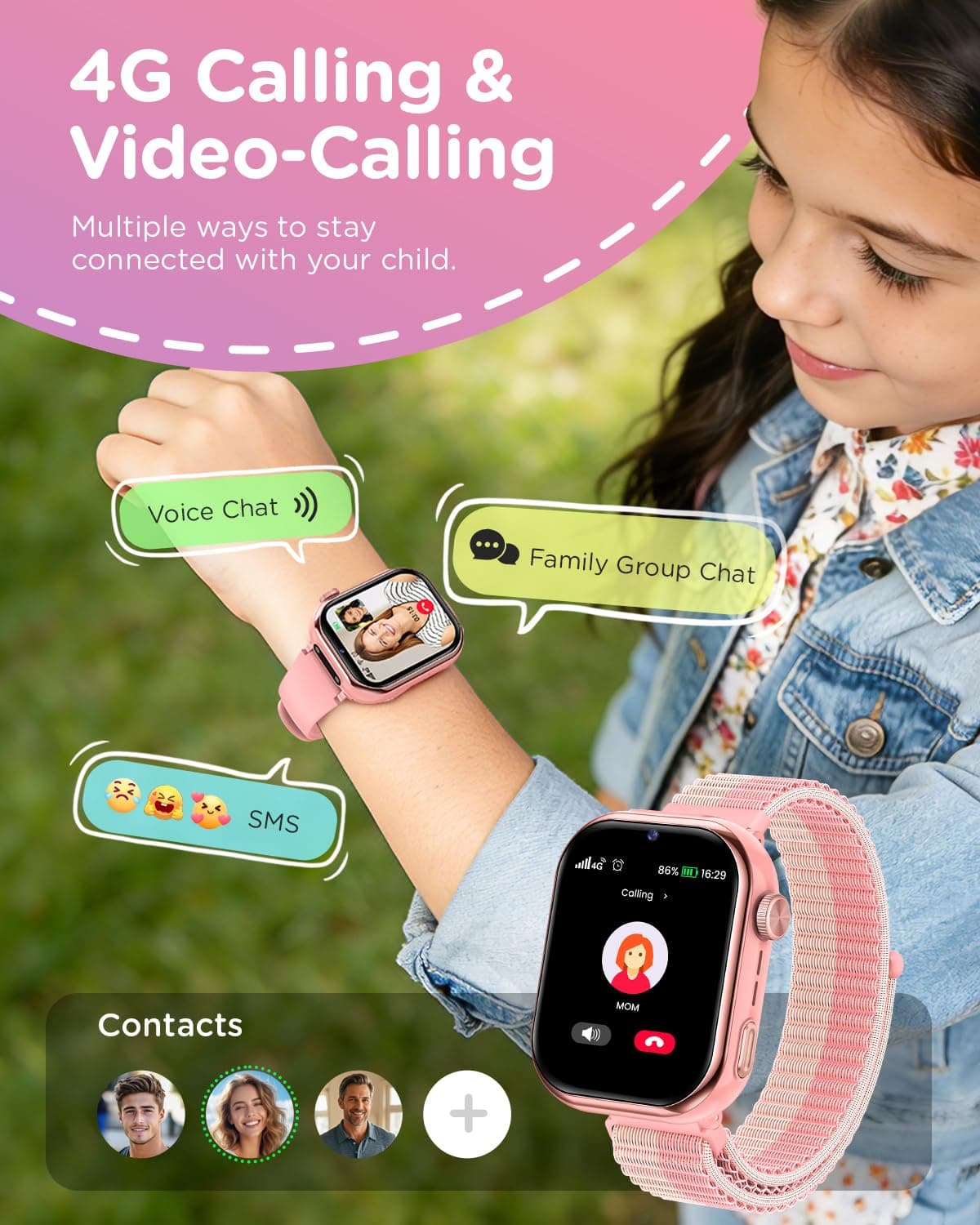 4G Reloj Inteligente Niña, 1.83'' HD Smartwatch Niñas con GPS y Llamadas, Videollamadas, Chat de Voz, Modo Escuela, Doble Cámara, Monitor de Sueño, Podómetro, Despertador IP68 para Niñas Niños Rosa — view 2