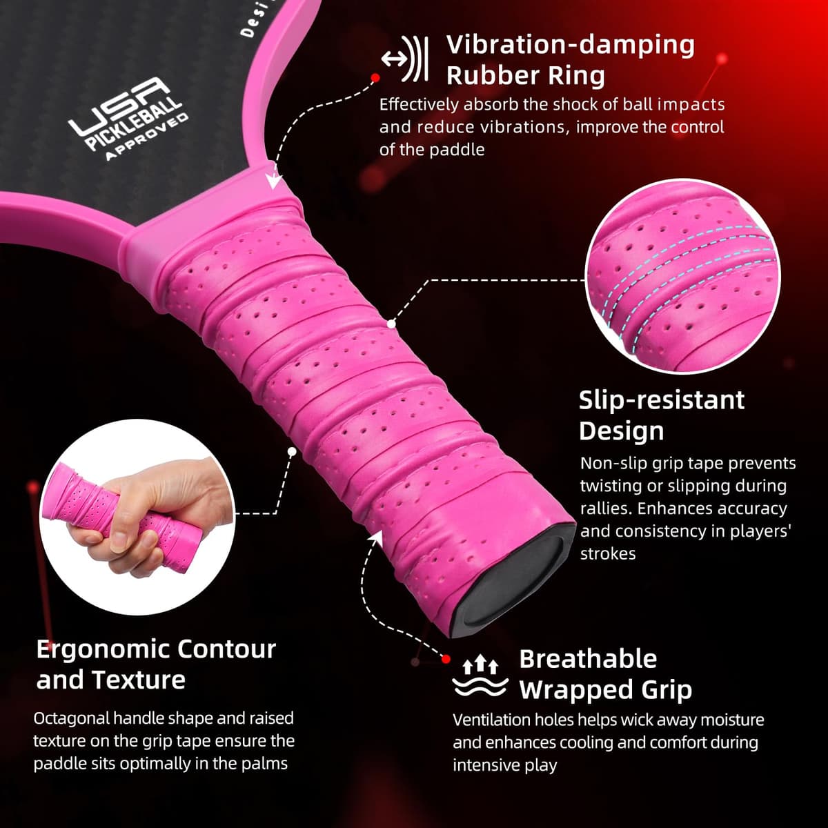 BAGAIL Juego de Paletas de Pickleball, Raquetas de Pickle Ball con 4 Pelotas de Pickleball, Ligeras, Alta Absorción de Impactos, Ergonómicas, Adecuadas para Juegos de Pelotas de Todos los Niveles — view 4