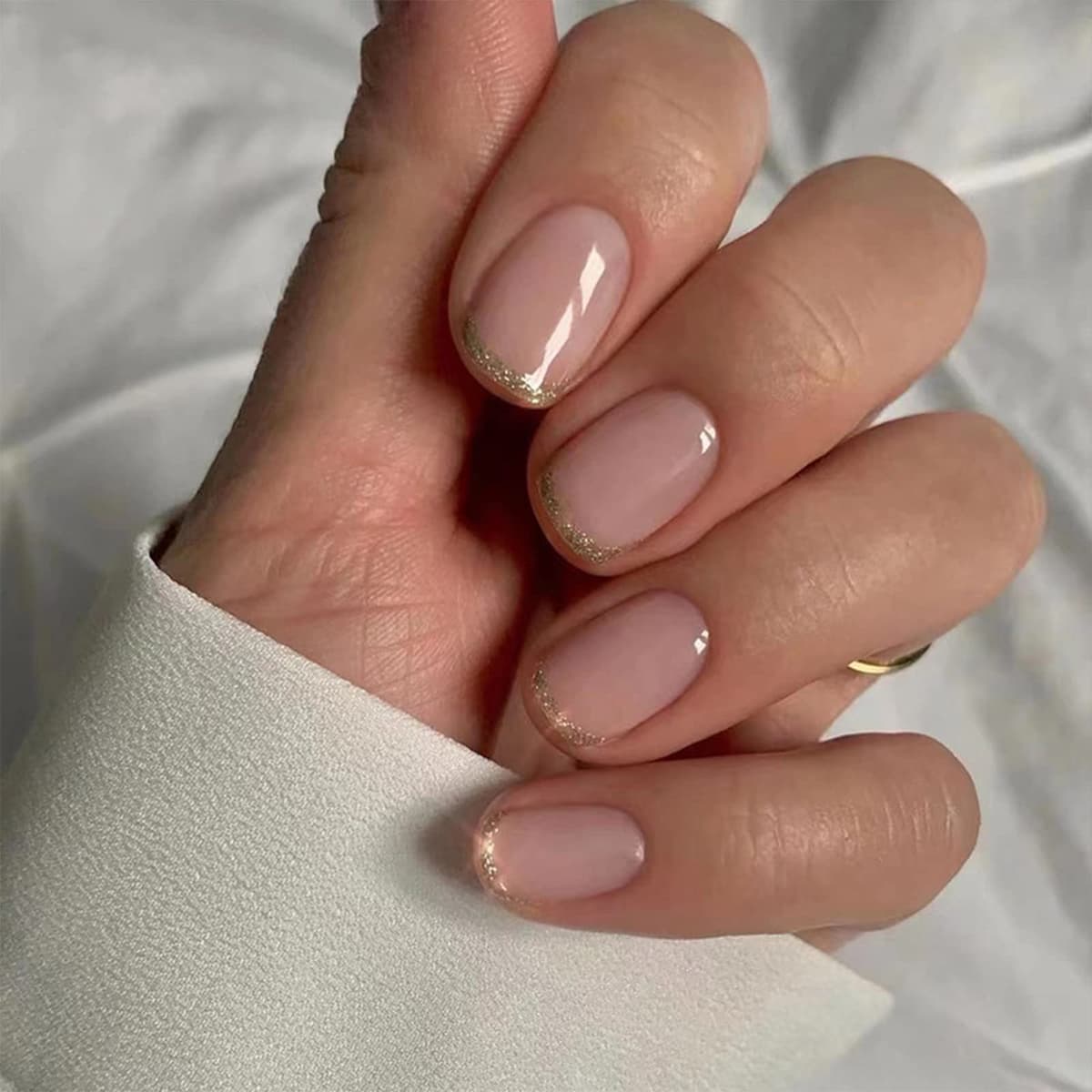 24pcs French Tip False Nails Short, Glitter Gold Edge Stick on Nails Nude Pink Press on Nail Removable Glue on Acrylic Full Cover Fake Nail Art Accessories for Women Girls
