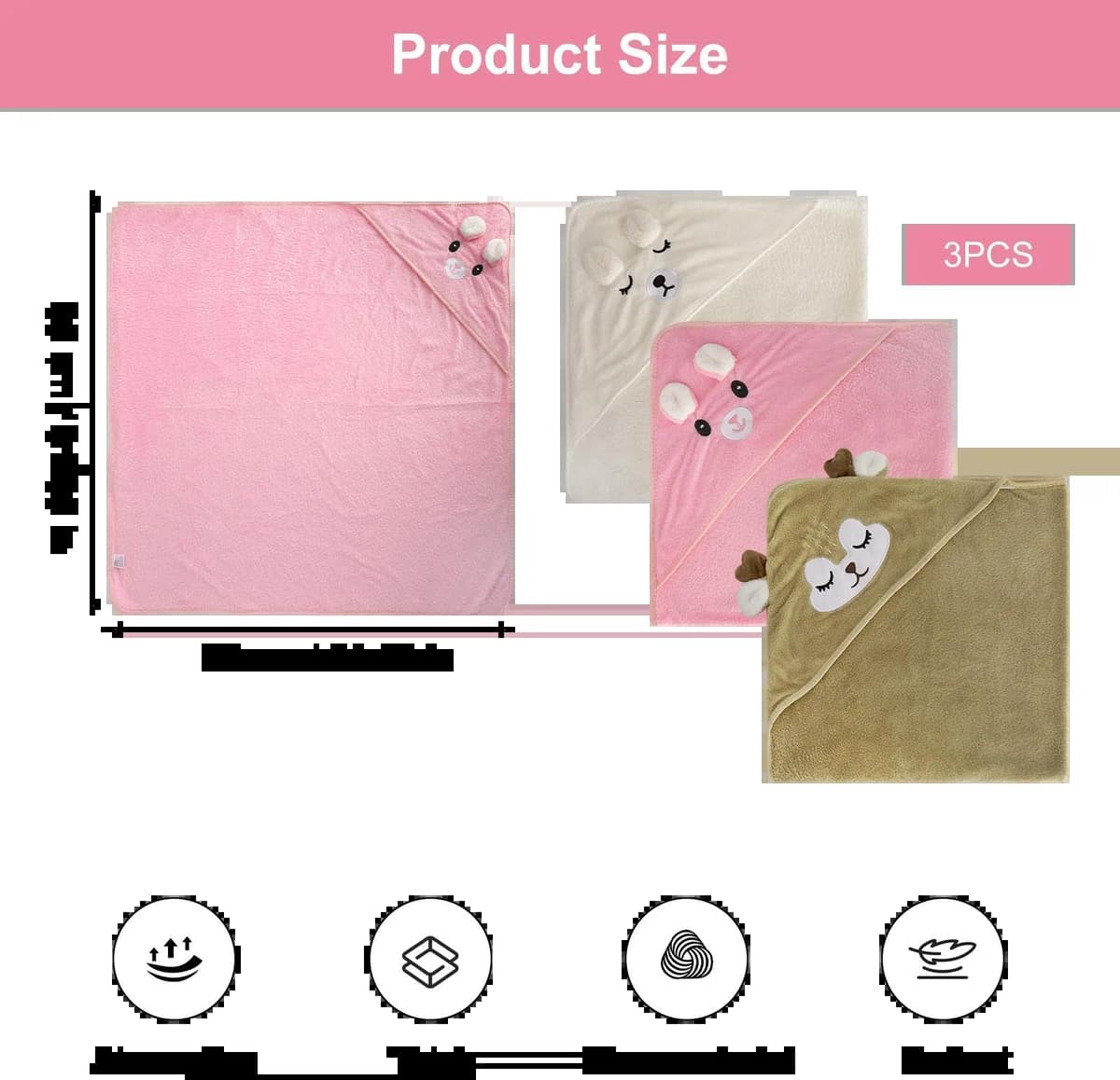 3 Piezas Toalla Bebe Toalla Bebe Recien Nacido 80 x 80 cm de coralina,Toalla baño con Capucha Set con Conejito Rosa,Ciervo marrón y Osito Blanco,Regalo