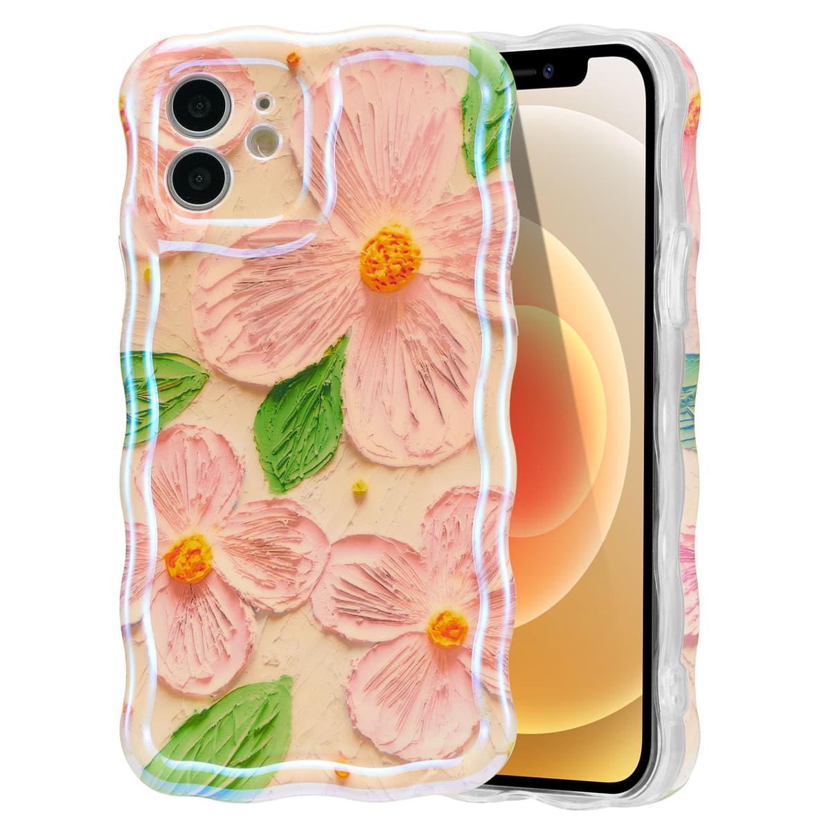 EYZUTAK Case for iPhone 16, Colorful Retro Oil Painting Printed Flower Laser Glossy Pattern Cute Curly Wave Edge Exquisite Phone Cover Stylish Durable TPU Protective Case for Girl Women-Green — view 35