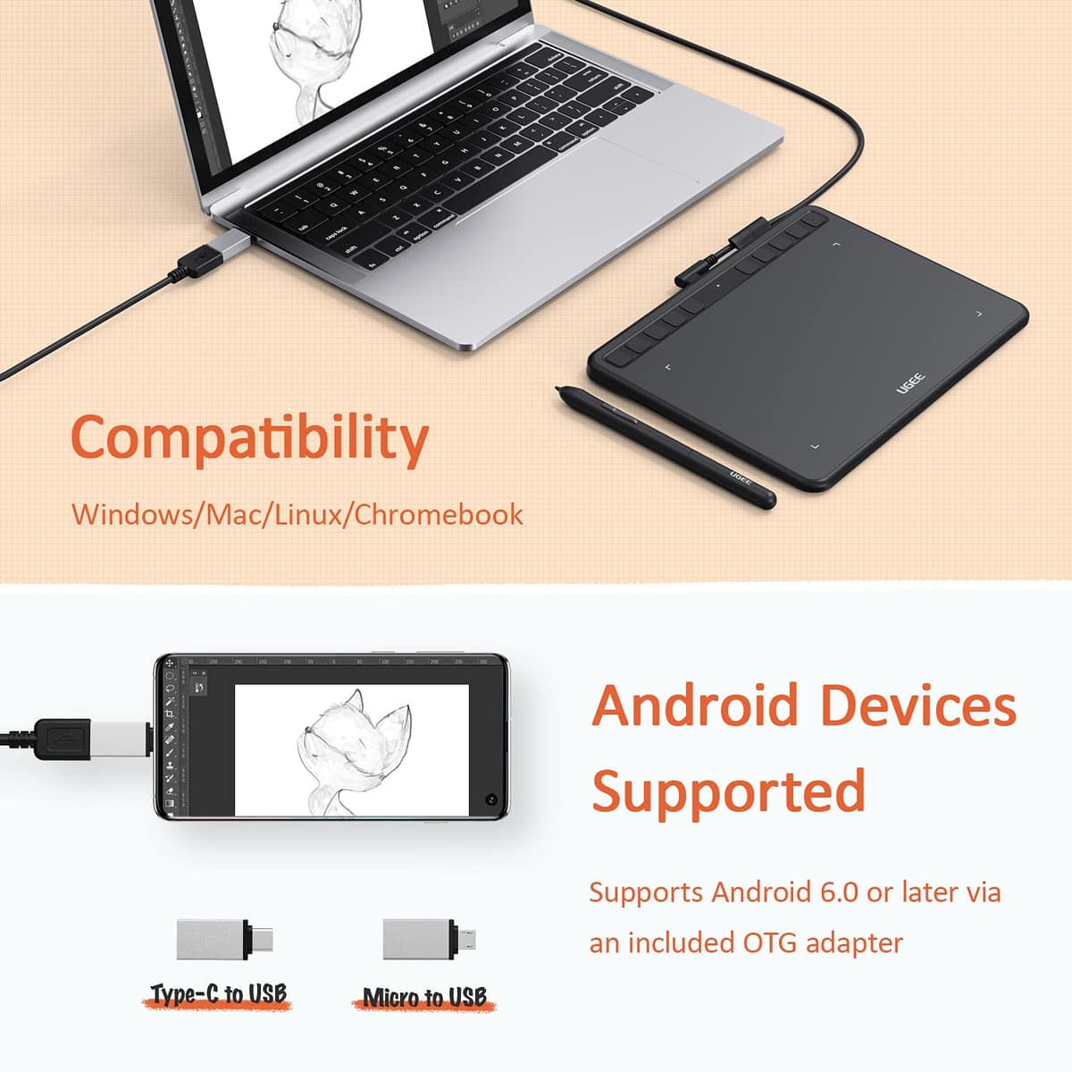 Tableta Gráfica UGEE S640,Tableta Digitalizada Portátil Ultradelgada de 2.4G,con Función de Inclinación, Teclas Personalizadas, Lápiz sin Pilas para Windows Mac Linux — view 4