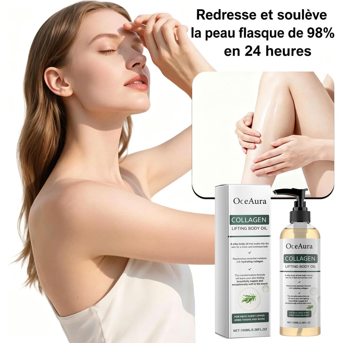 OceAura colageno aceite corporal, OceAura aceite corporal reafirmante - 100ml, Corporal Nutritivo, Arrugas Y Estrías En Cuello, Pecho, Brazos (1 botella) — view 4