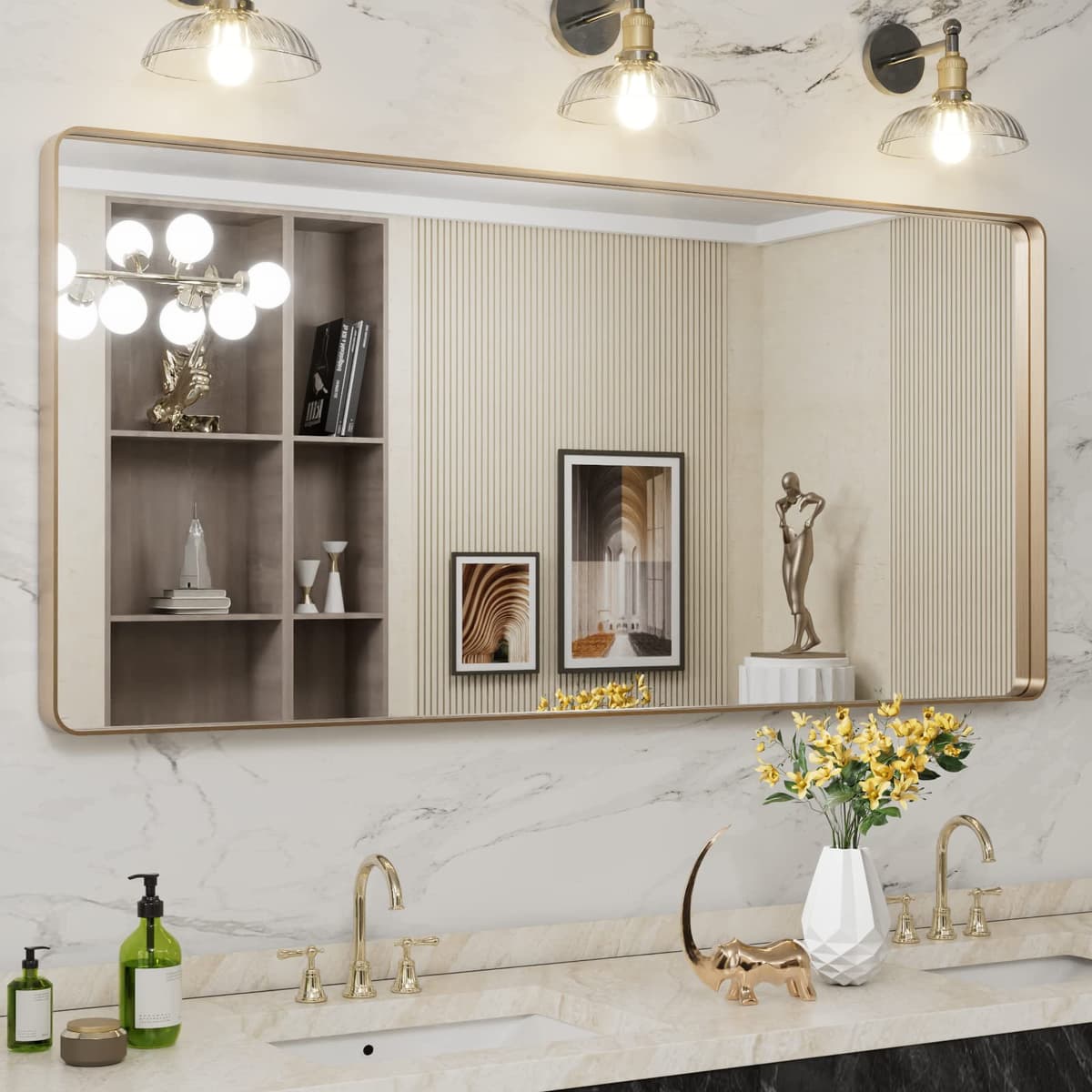LOAAO 48”X36” Gold Bathroom Mirror, Rounded Rectangle Gold Frame Mirror, Brushed Gold Bathroom Vanity Mirror Wall-Mounted, Anti-Rust, Tempered Glass, Hangs Horizontally or Vertically — view 106