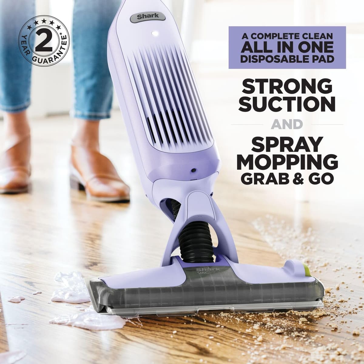 Shark VacMop 2-in-1 Cordless Hard Floor Vacuum Spray Mop, 6x Disposable Pad Refills, 355ml Multi-Surface Floor Cleaner, Lightweight 1.5kg, Maintenance-Free Disposable Pads, Lavender, VM200UKPL — view 2