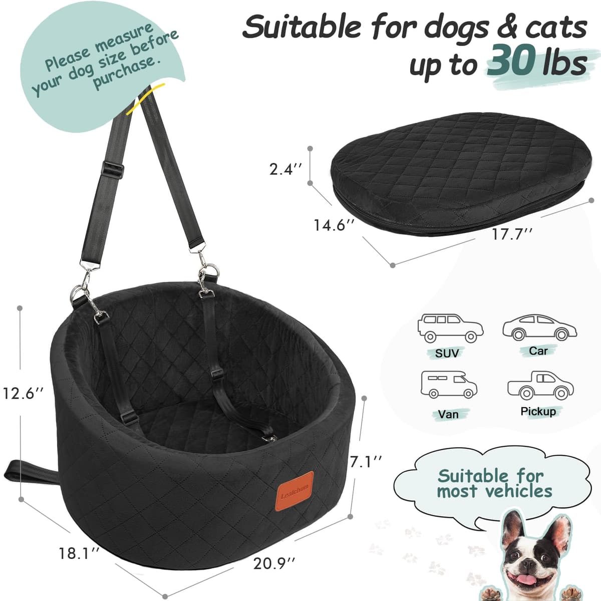 Lealchum Dog Car Seat with 2 Safety Dog Leashes, Safe Pet Travel Car Seat with Non-Slip Bottom, Fully Removable and Washable Seat for Dog, Soft Memory Foam Puppy Seat for Car (Black, Small) — view 2
