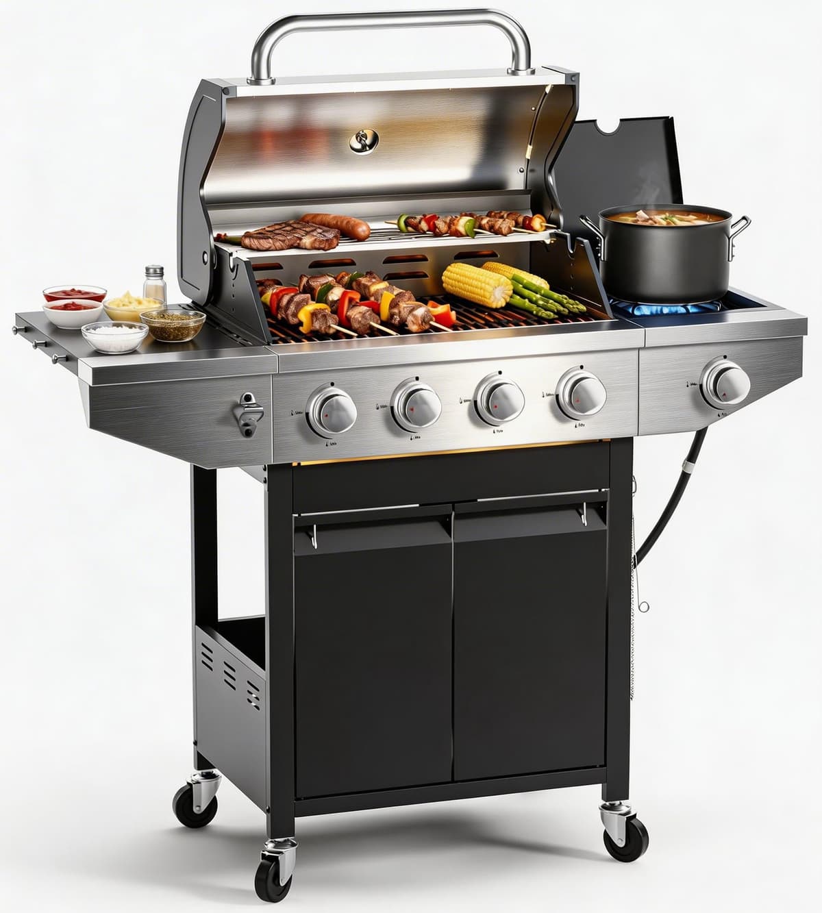 EUHOME 40,500 BTU 3-Burner Propane Gas Grill with Side Burner,Stainless Steel Outdoor BBQ Grill Portable with Wheels and Cast Iron Grates for Patio Garden Barbecue Cooking — view 15