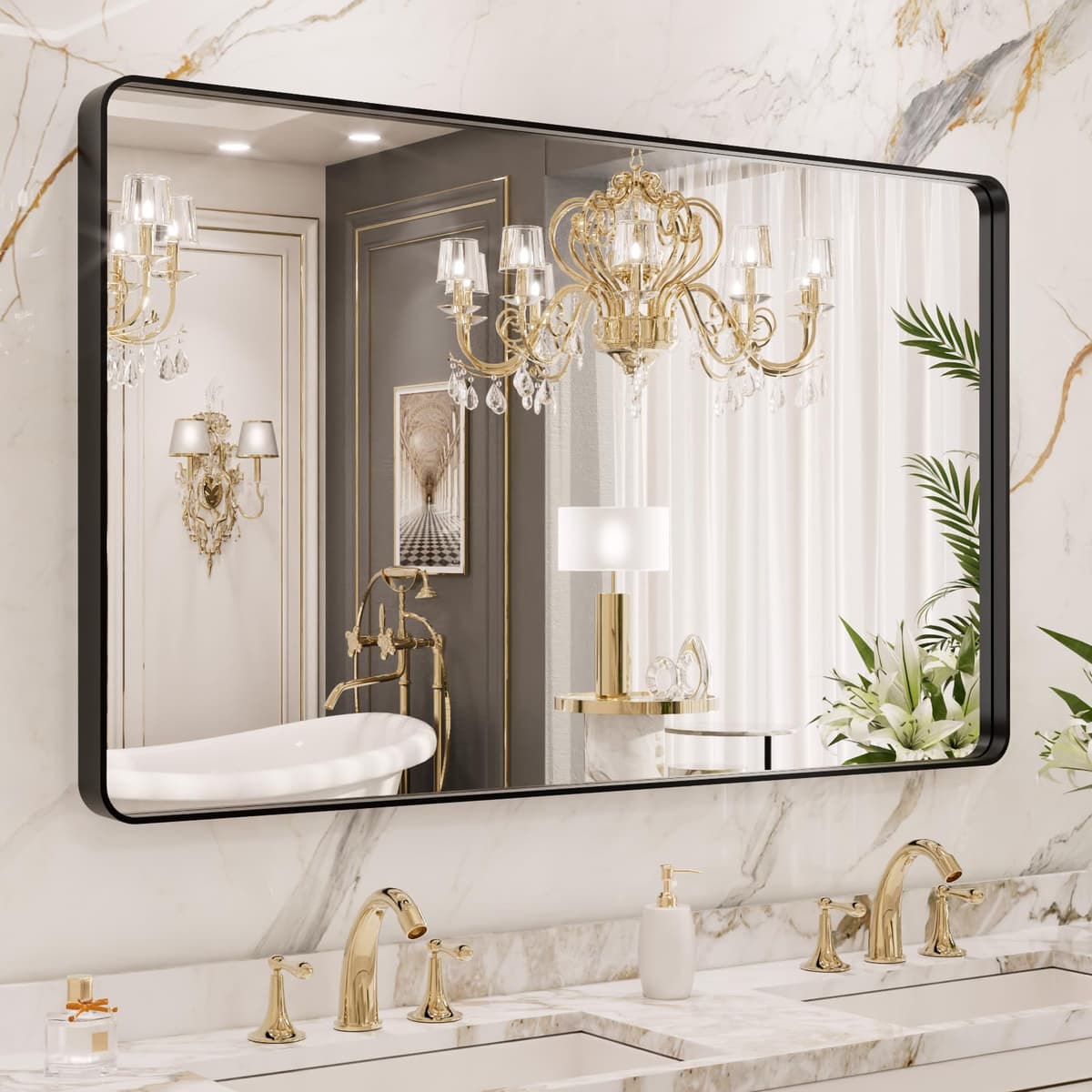 LOAAO 48”X36” Gold Bathroom Mirror, Rounded Rectangle Gold Frame Mirror, Brushed Gold Bathroom Vanity Mirror Wall-Mounted, Anti-Rust, Tempered Glass, Hangs Horizontally or Vertically — view 70