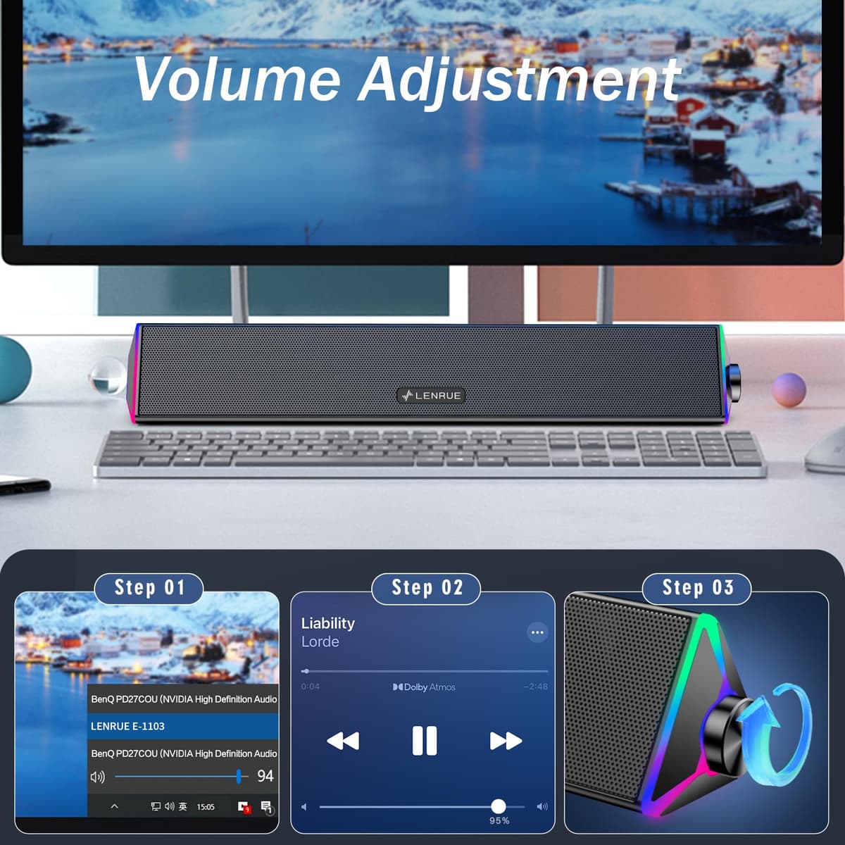 LENRUE PC Speakers,Computer Speakers with Single USB for Power and Stereo Sound,PC Soundbar with Touch Lights,Gaming Speaker for Desktop,Laptop (USB-C Adapter Included) — view 4