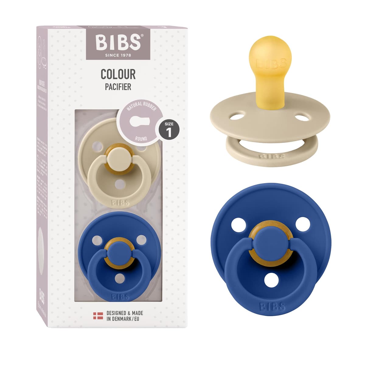 BIBS Colour Soother 2-Pack, BPA Free Dummy Pacifier, Round Nipple. Natural Rubber Latex, Size 2 (6-18 Months), Sky Blue/Steel Blue — view 147