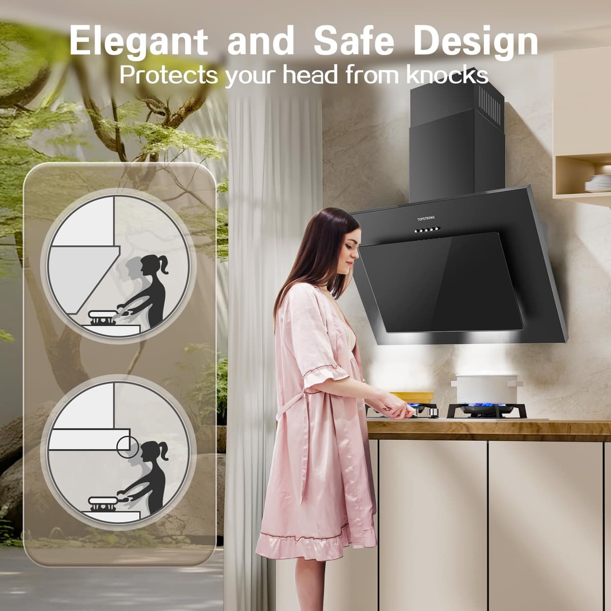 TopStrong Cooker Hood 60cm, Class A++ Extractor Fan Kitchen with Carbon Filters, Wall Mounted Extractor Hood with Recirculating & Ducting System, 3 Speed Black Painting & Tempered Glass, LED Lights — view 2