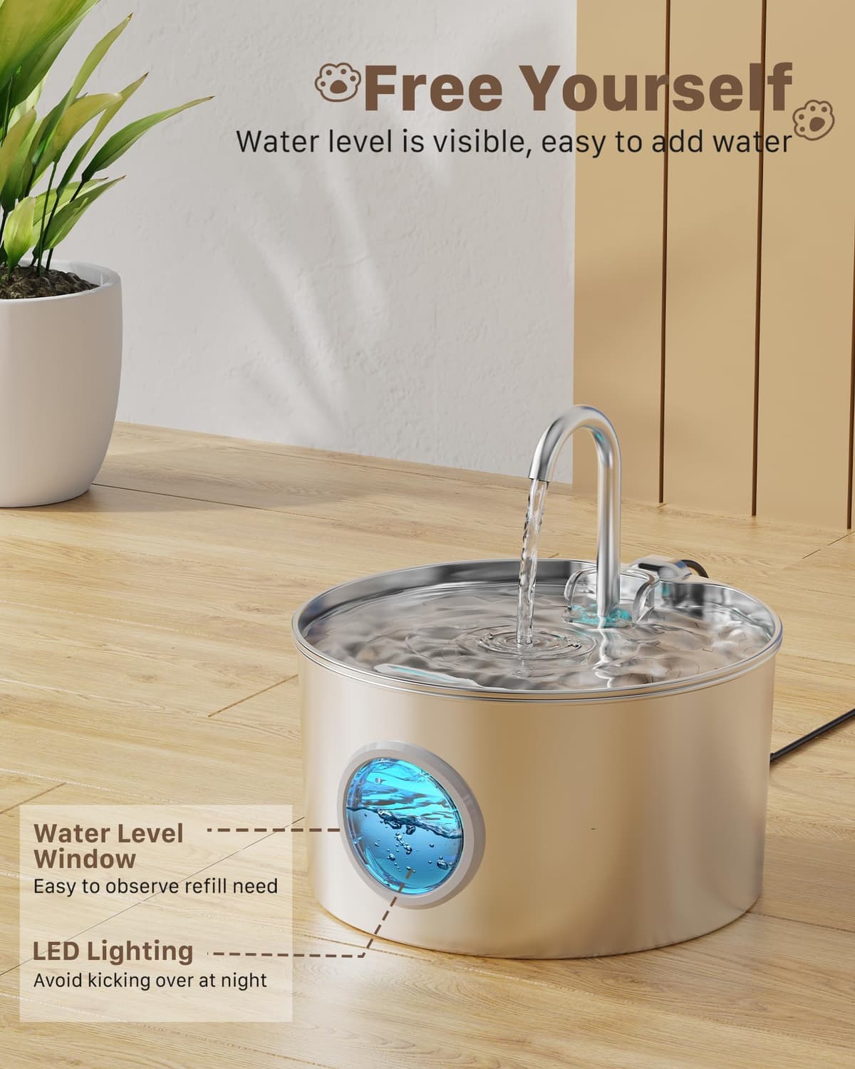 Fuente para Gatos Acero Inoxidable: Bebedero Gatos Automatico - 2.2L Fuente Gato Silencioso - Fuentes de Agua para Gato con 1 Filtro + 1 Esponja - Dispensador Agua Perros con Ventana Panorámica — view 3