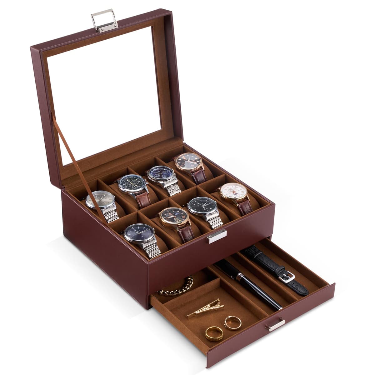 ProCase Caja de Relojes de 6 Ranuras con Cajón, Funda Organizadora de Reloj de 2 capas con Tapa de Cristal, Estuche de Almacenamiento para Hombres y Mujeres -Negro — view 13