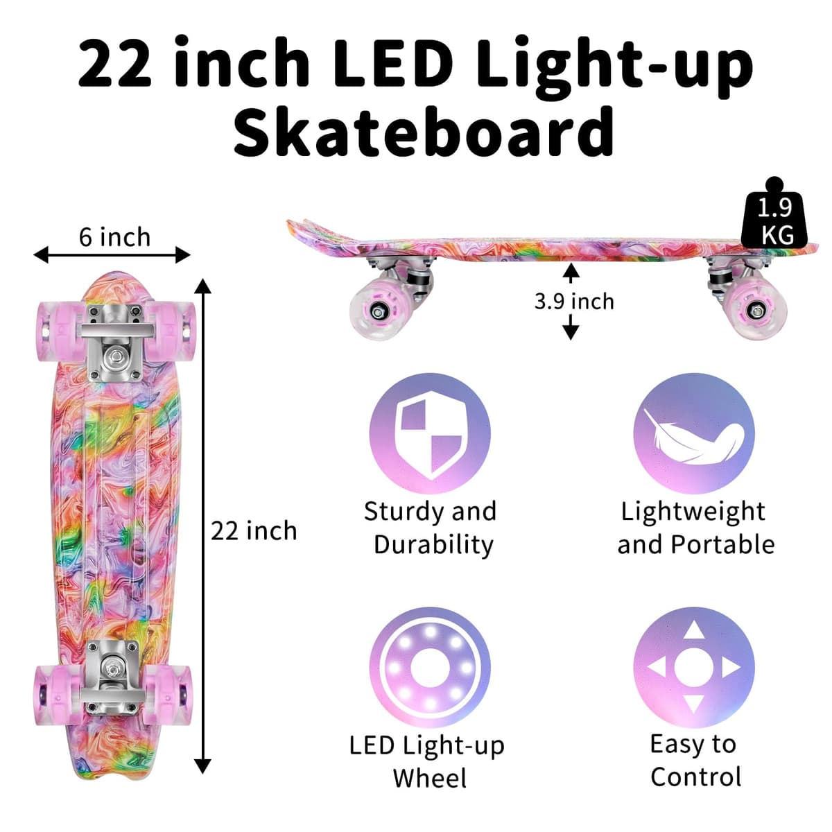 BELEEV Skateboard Complete 22 x 6 Inch Mini, para Niños, Adolescentes, Principiantes, Ruedas con luz LED de PU con Herramienta en T para Patines Todo en Uno, Monopatín 55cm — view 5