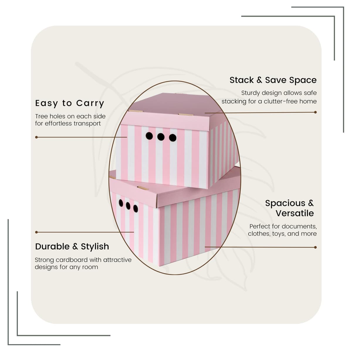 Cardboard Storage Boxes with Lid, Decorative Wardrobe, Closet, Home & Office Organiser with Handle, Flat-Packed, Stackable File Box, Gift for Adults & Kids, Set of 2, Large - Pink Stripes — view 4