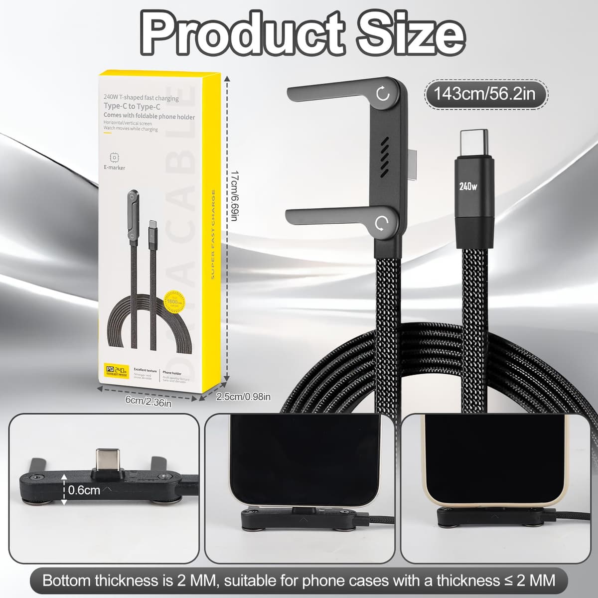 Noaya 2-in-1 Invisible Stand Charging Cable - 240W Fast Charging Cable, 4.9FT Multi Charger Cord with Type C, T-Shaped Foldable Stand for Smartphones,Tablets,Laptops(1PCS) Office Product 2512-02 — view 2