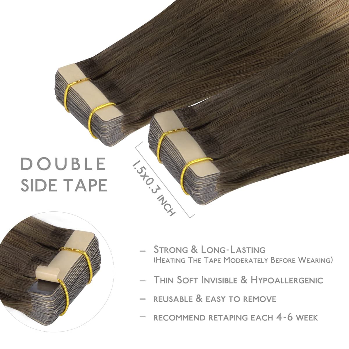 WENNALIFE Extensiones Adhesivas Pelo Natural, 50cm, 50g, 20 Piezas, Ombré Walnuss Braun bis Ash Braun und Bleach Blonde, Extensiones Pelo Remy Cabello Humano — view 3