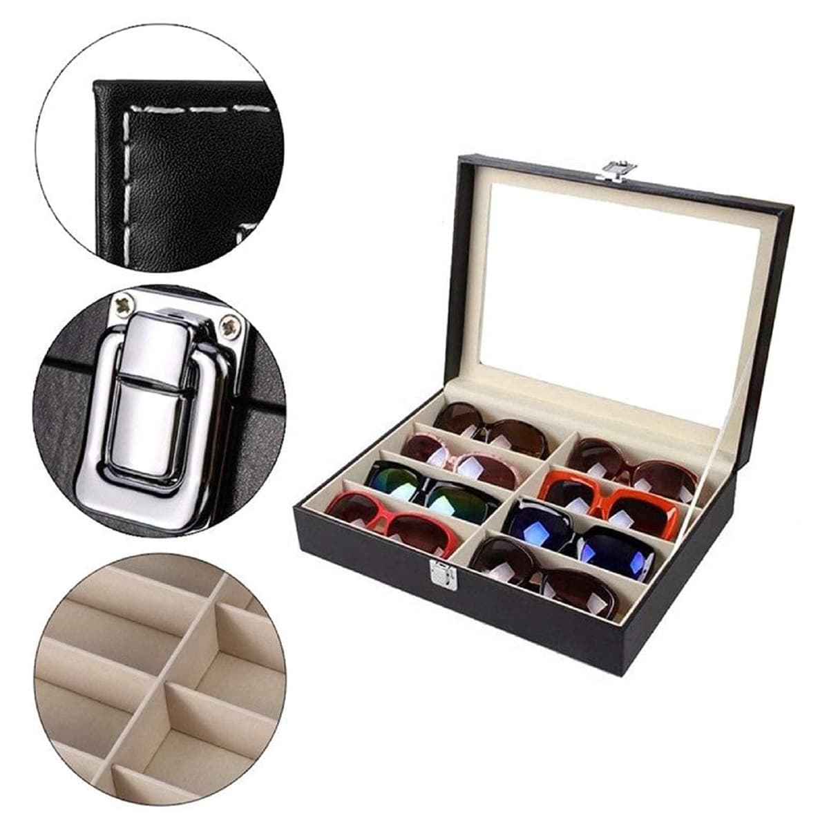 KingSaid Caja Organizadora de Gafas con Tapa de Cristal y Cajones – Estuche Expositor de Gafas de Sol y Joyas, Cuero Sintético Premium, Gran Capacidad, para Hombre y Mujer (Una planta) — view 3