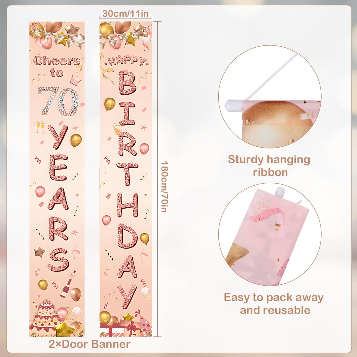 Happy 70th Birthday Door Banner, 70th Birthday Decorations Banner for Her, Rose Gold 70 Banners Porch Sign for Birthday Party Indoor Outdoor Decoration — view 2